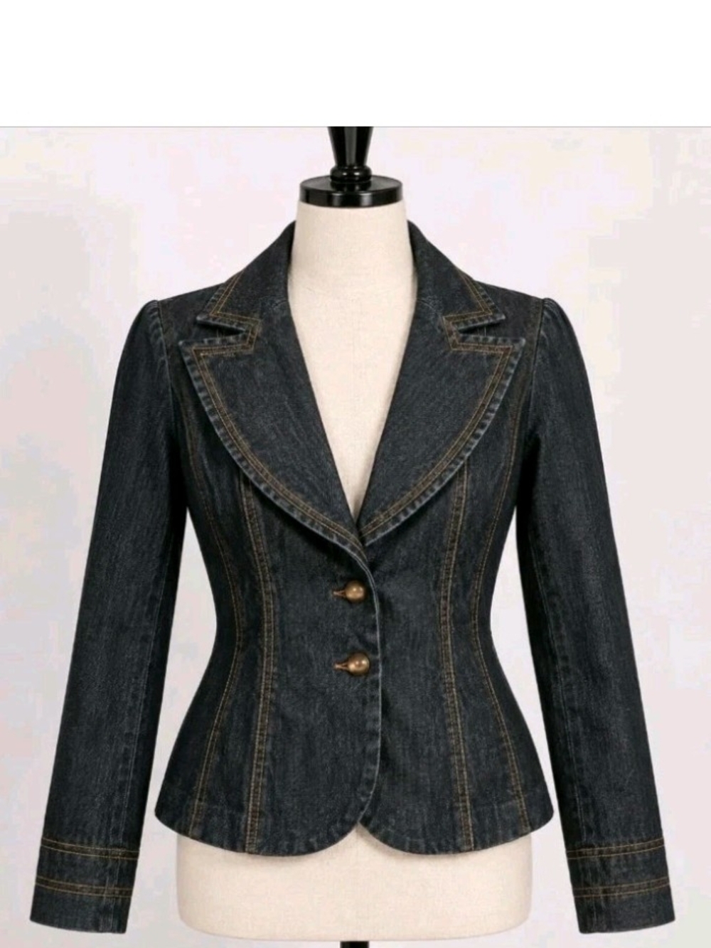 Bisou Bisou Denim Blazer Jacket Size 2 Dark Wash Jean Fitted Topstitch Vintage